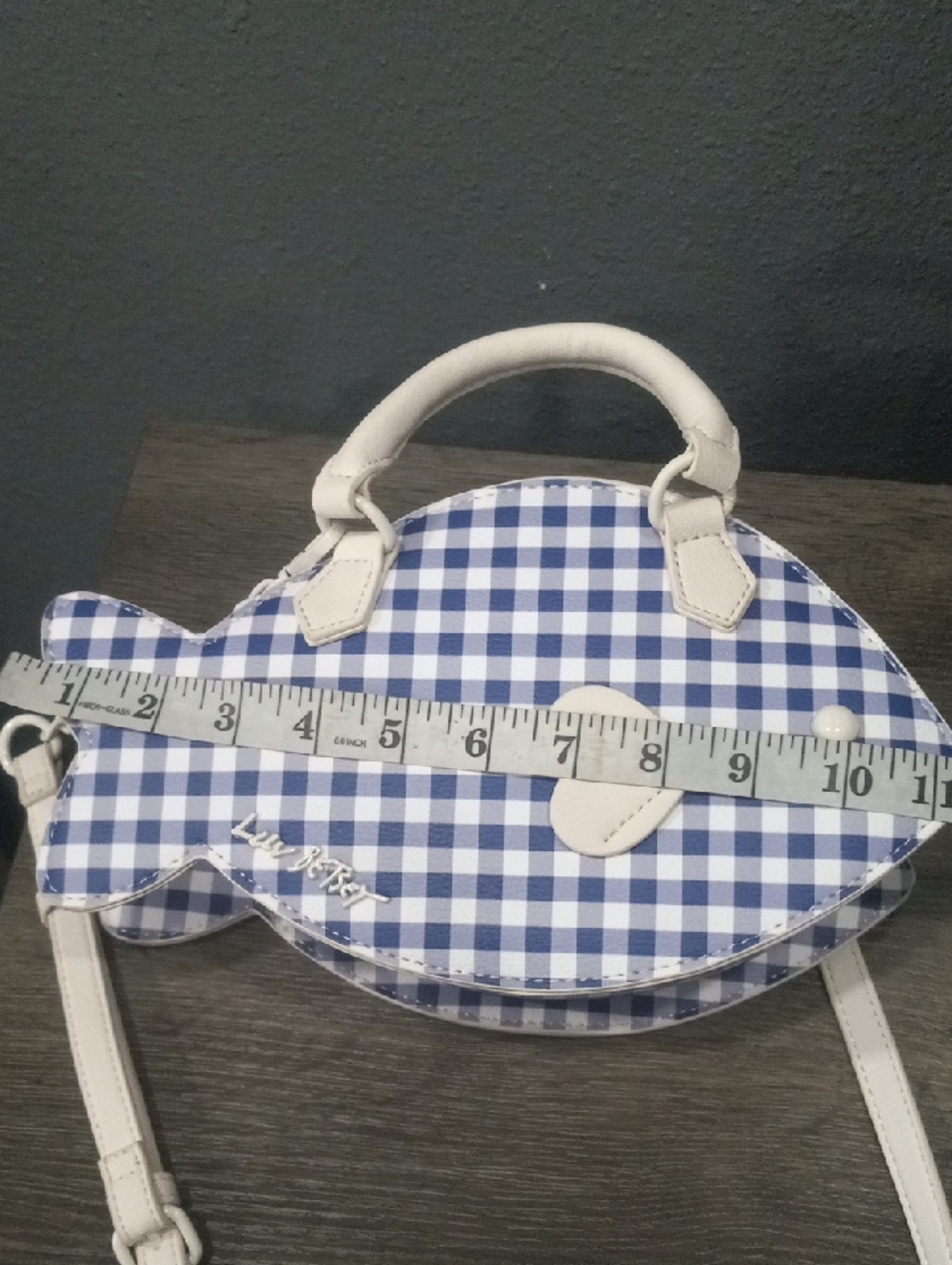 Betsey Johnson Blue Gingham Fish Crossbody Bag with White Trim - Picture 12 of 13